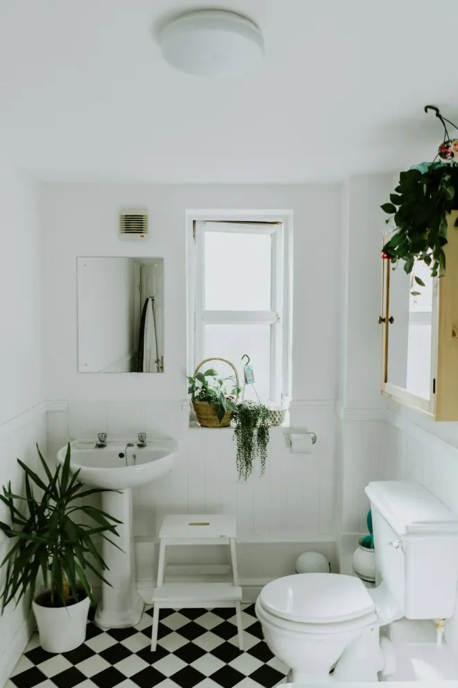 Design reference: compact white bathroom with a pedestal sink, black and white checkered floor tile, and plants by the window